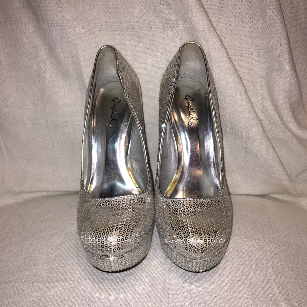 Qupid silver glitter platform heels.